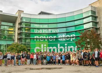 Group photo of over 100 students from the Carroll County Scholars 9th Grade Kickoff event at McDaniel College.