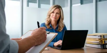 Businesswoman sits at a desk with a laptop, listening as a colleague takes notes on a clipboard in a modern office.