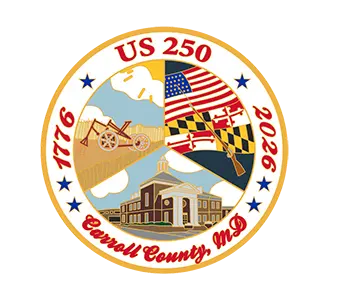 Circular commemorative seal for Carroll County, MD, marking the US 250th anniversary (1776–2026) with a tractor, American flag, Maryland flag, and a courthouse.
