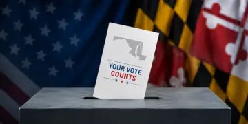 Ballot being dropped into a ballot box with a 'Your Vote Counts' card, patriotic flags in the background.