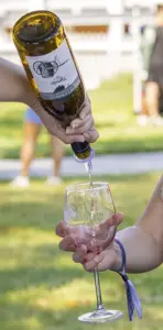 Person pours champagne from a bottle into a stemmed glass at an outdoor backyard celebration.