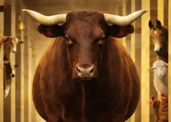 A large brown bull stands in a barn aisle, flanked by cows, goats, and sheep peering from stalls.