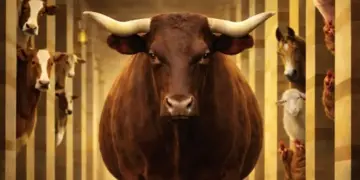 A large brown bull stands in a barn aisle, flanked by cows, goats, and sheep peering from stalls.