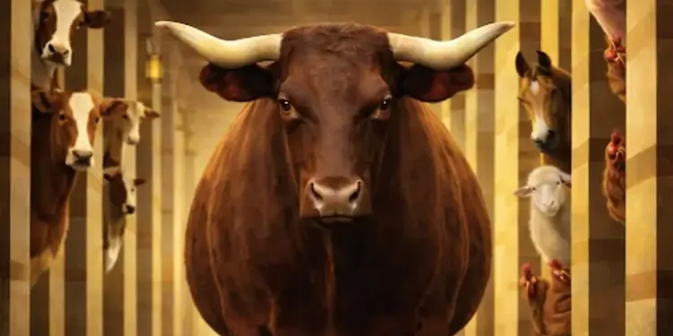 A large brown bull stands in a barn aisle, flanked by cows, goats, and sheep peering from stalls.