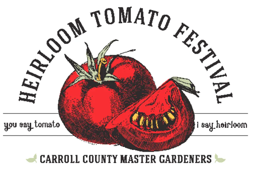 Logo for Heirloom Tomato Festival featuring a whole and sliced tomato with circular text above.