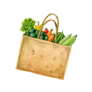 Wooden tote bag filled with fresh vegetables like lettuce, broccoli, carrots, and corn.