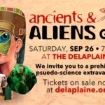 Promotional poster for the Ancients & Aliens Gala showing collage imagery and event details: date, time, venue at Delaplaine, and delaplaine.org.
