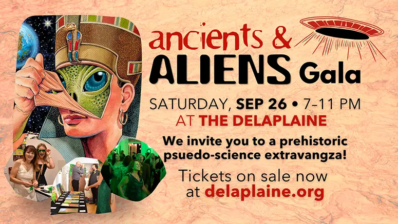 Promotional poster for the Ancients & Aliens Gala showing collage imagery and event details: date, time, venue at Delaplaine, and delaplaine.org.