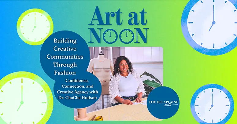 Event banner for 'Art at Noon' promoting fashion-focused creative community building, showing a smiling woman at a sewing table with clock motifs in blue and green backgrounds.