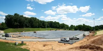 Construction site for a sports field in progress: a large excavated area lined with black tarp, with several trucks and equipment and dirt mounds around it, trees in the background.