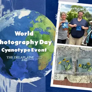 Promotional collage for World Photography Day: Cyanotype Event, featuring a globe on a blue background and a polaroid photo strip with people and flowers.