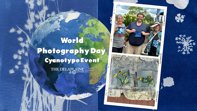 Promotional collage for World Photography Day: Cyanotype Event, featuring a globe on a blue background and a polaroid photo strip with people and flowers.