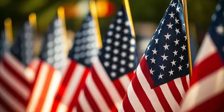 Rows of American flags on flagpoles, close-up foreground flag with others blurred in the background at a patriotic display