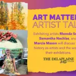 Promotional poster for Art Matters: Artist Talk at The Delaplaine Arts Center, featuring three exhibiting artists.