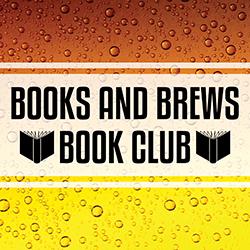 Banner for a 'Books and Brews Book Club' with two book icons on a orange-to-yellow beer-bubble background, likely a club branding image.