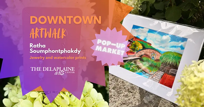 Poster for Downtown Artwalk advertising jewelry and watercolor prints, with a pink 'Pop-Up Market' badge and a framed painting beside greenery.