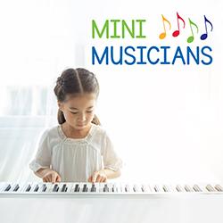 Young girl playing a keyboard with a colorful 'MINI MUSICIANS' logo above her.