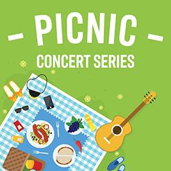 Promotional image for a Picnic Concert Series: bright green background with a picnic setup, a blue-checked blanket, snacks and drinks, and an acoustic guitar.