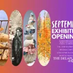 Poster for September Exhibition Openings with seven vertical art panels on the left and a orange-to-purple gradient on the right.