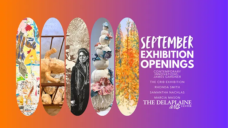 Poster for September Exhibition Openings with seven vertical art panels on the left and a orange-to-purple gradient on the right.