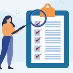 Person standing beside a large clipboard with a checklist and a magnifying glass zooming in on items to review the list for accuracy.