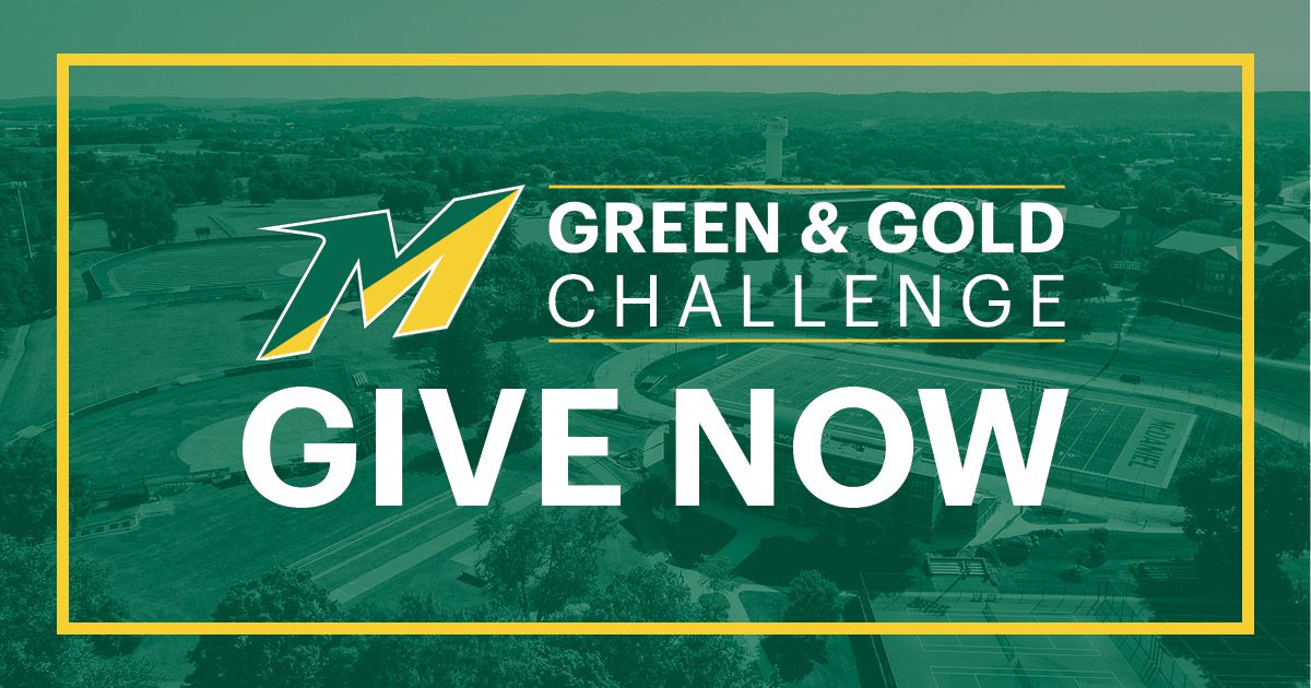 Promotional donation banner: 'Green & Gold Challenge' with a large 'GIVE NOW' over a campus aerial photo framed in a yellow border.