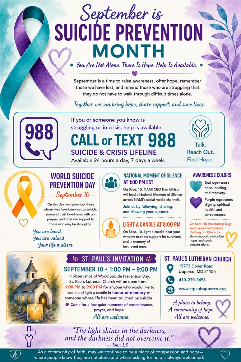 Poster announcing September is Suicide Prevention Month with teal ribbon and purple accents, plus 988 crisis hotline and text options for help, and event details in a pastel layout.