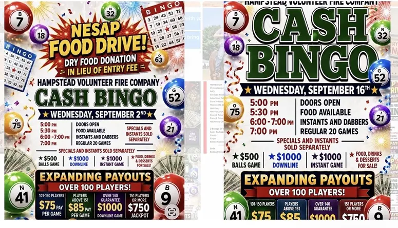Two colorful Cash Bingo posters for Hampstead Volunteer Fire Company advertising cash games and payouts, side by side in a flyer layout.