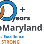 OrthoMaryland 100 Years logo with interlocking orange and blue rings, CAO badge, and the slogan Orthopedic Excellence, 100 Years Strong.