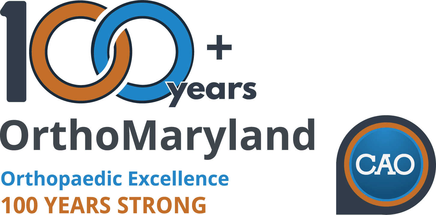 OrthoMaryland 100 Years logo with interlocking orange and blue rings, CAO badge, and the slogan Orthopedic Excellence, 100 Years Strong.