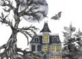 Haunted castle with yellow-lit windows, a gnarled tree, and bats flying beneath a full moon in a dark, eerie scene.