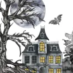 Haunted castle with yellow-lit windows, a gnarled tree, and bats flying beneath a full moon in a dark, eerie scene.