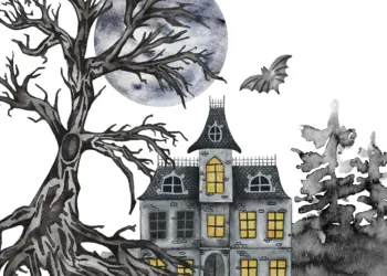 Haunted castle with yellow-lit windows, a gnarled tree, and bats flying beneath a full moon in a dark, eerie scene.