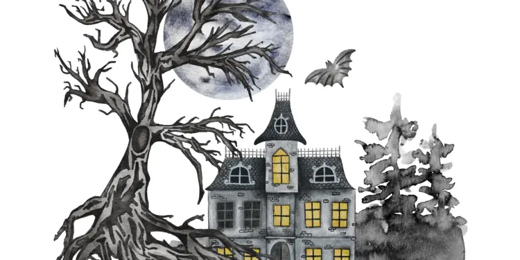 Haunted castle with yellow-lit windows, a gnarled tree, and bats flying beneath a full moon in a dark, eerie scene.