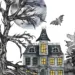 Haunted castle with yellow-lit windows, a gnarled tree, and bats flying beneath a full moon in a dark, eerie scene.