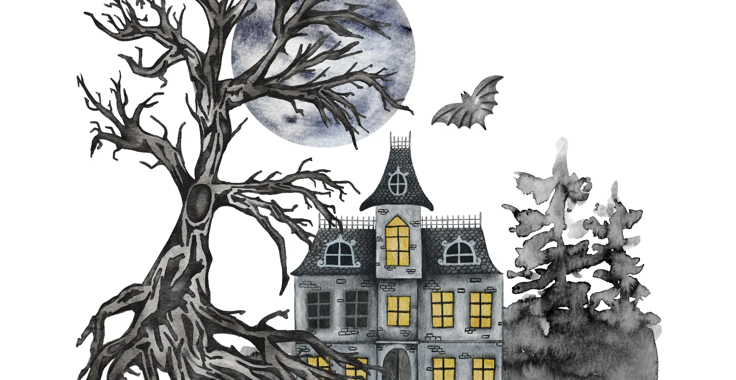 Haunted castle with yellow-lit windows, a gnarled tree, and bats flying beneath a full moon in a dark, eerie scene.