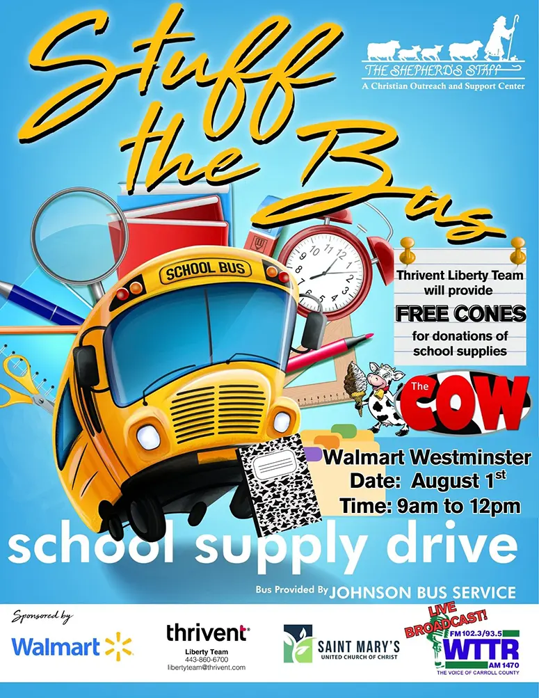 Poster for 'Stuff the Bus' school supply drive with a yellow school bus, clock, notebooks, and bold event details (date, time, and Walmart Westminster location).