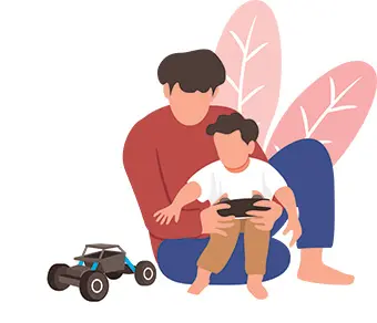 Parent and child sitting on the floor, playing a game on a handheld device with a toy car nearby.