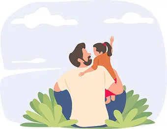 Parent with a child on their shoulders, seen from behind, in a grassy outdoor setting.