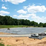 Construction site for a sports field in progress: a large excavated area lined with black tarp, with several trucks and equipment and dirt mounds around it, trees in the background.